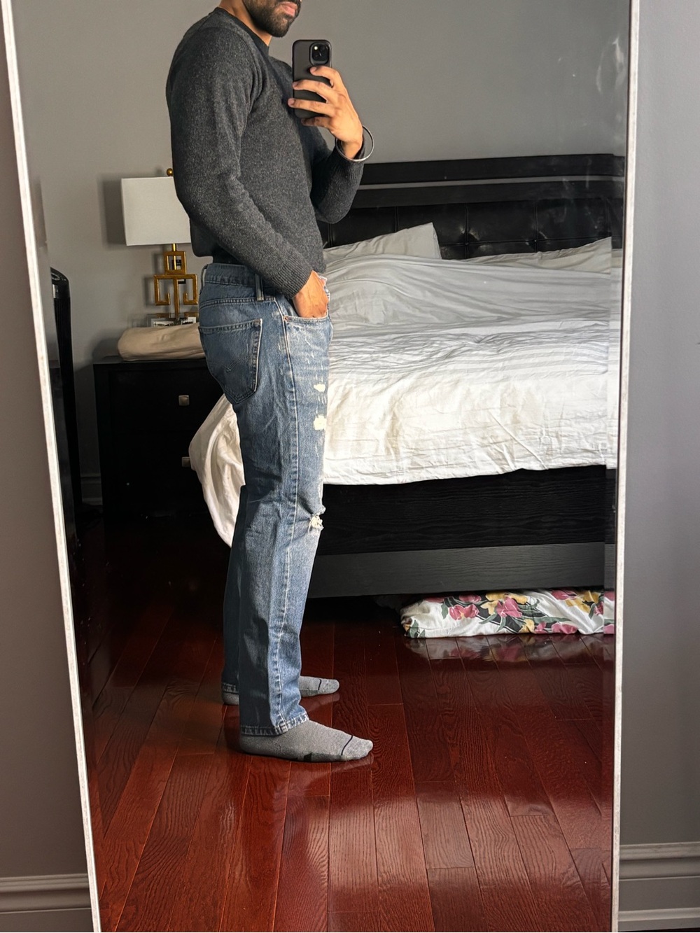 Slim Straight Light Blue Men's Jeans with Distressed Detail